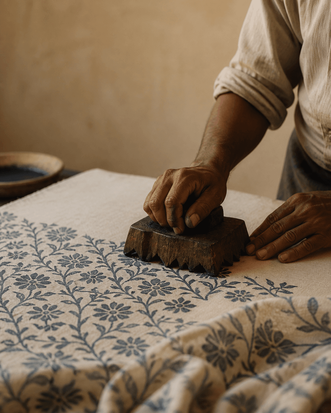 Block-print craft in progress on a MAKKMAL textile