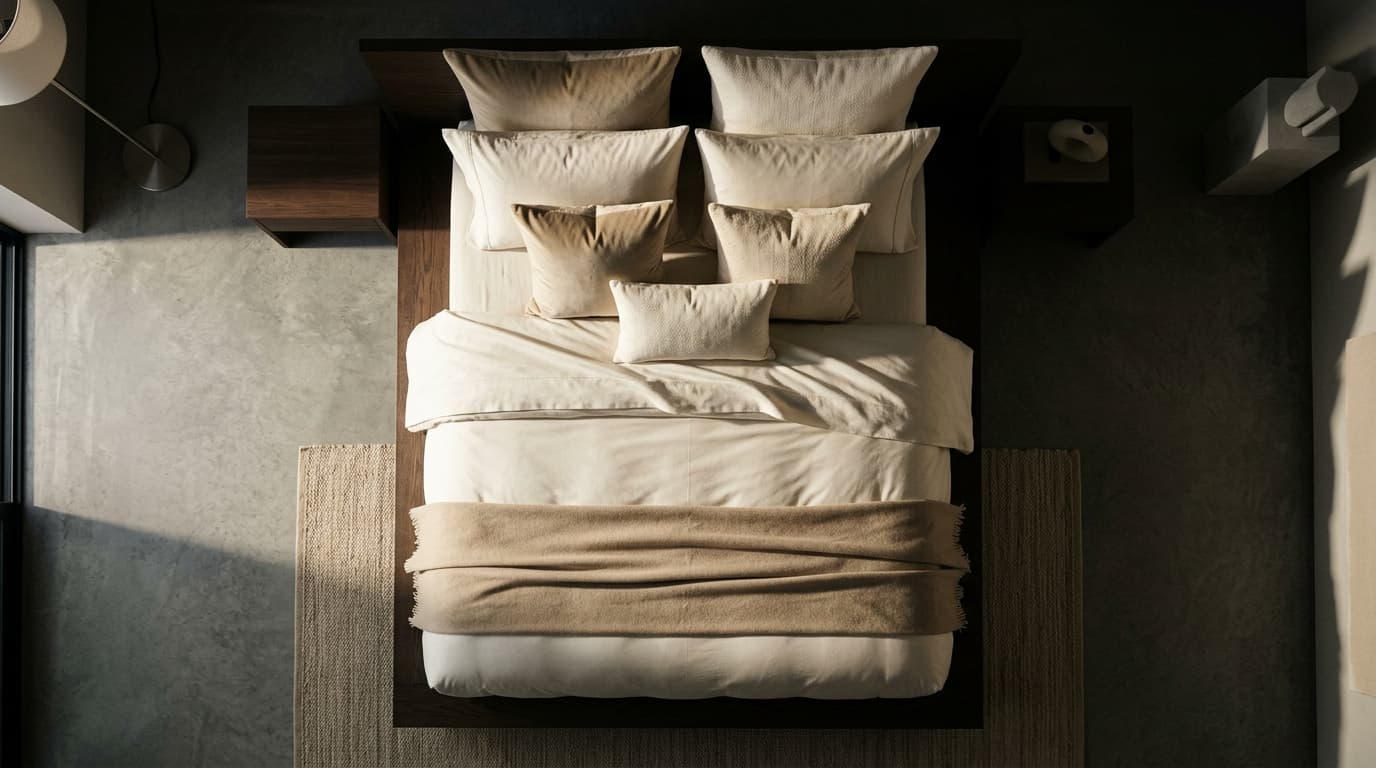 A composed MAKKMAL bedroom seen from above